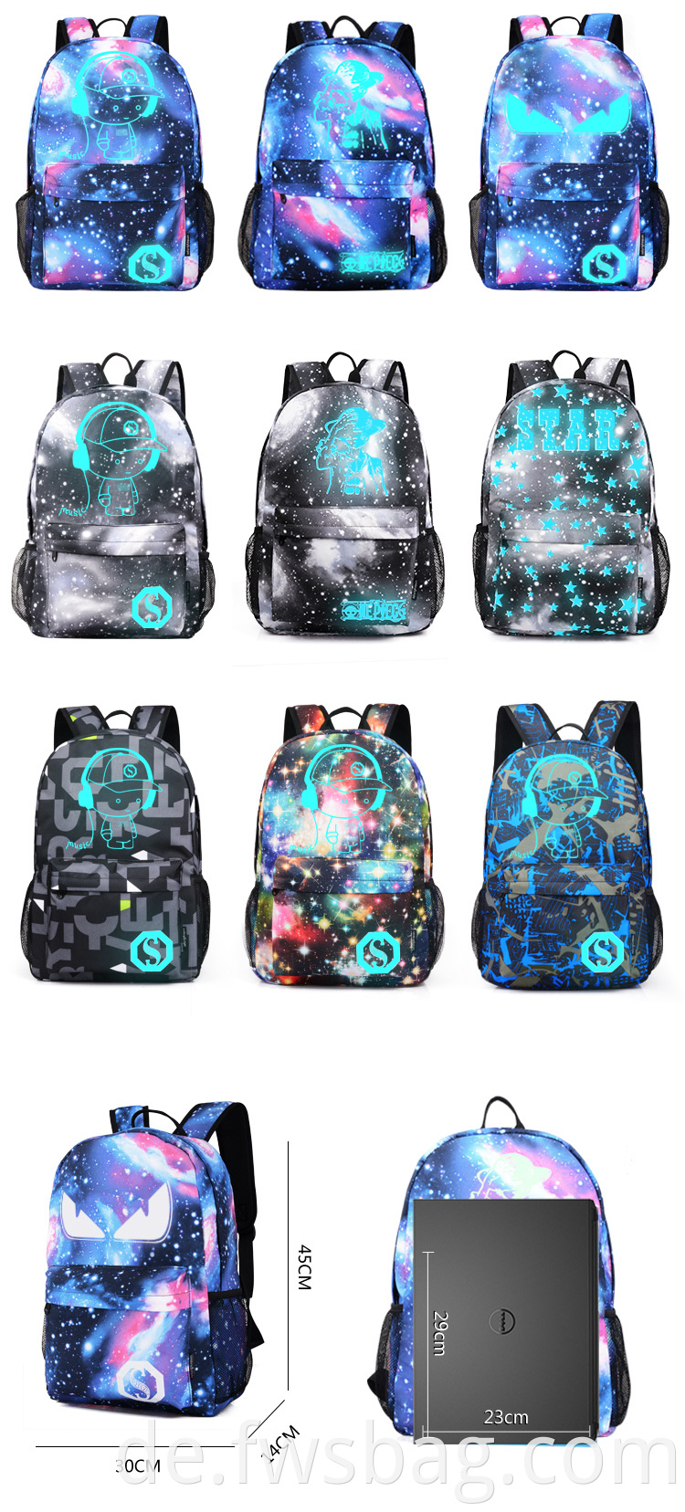 Hot Unisex Fashion Galaxy Anime Luminous Rucksack Outdoor Daypack School Rucksack mit USB Charing Port